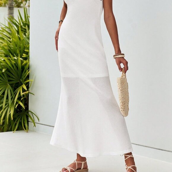 White Boho Women's Slim Fit Crochet Flower Fishtail Dress - Picture 4 of 6